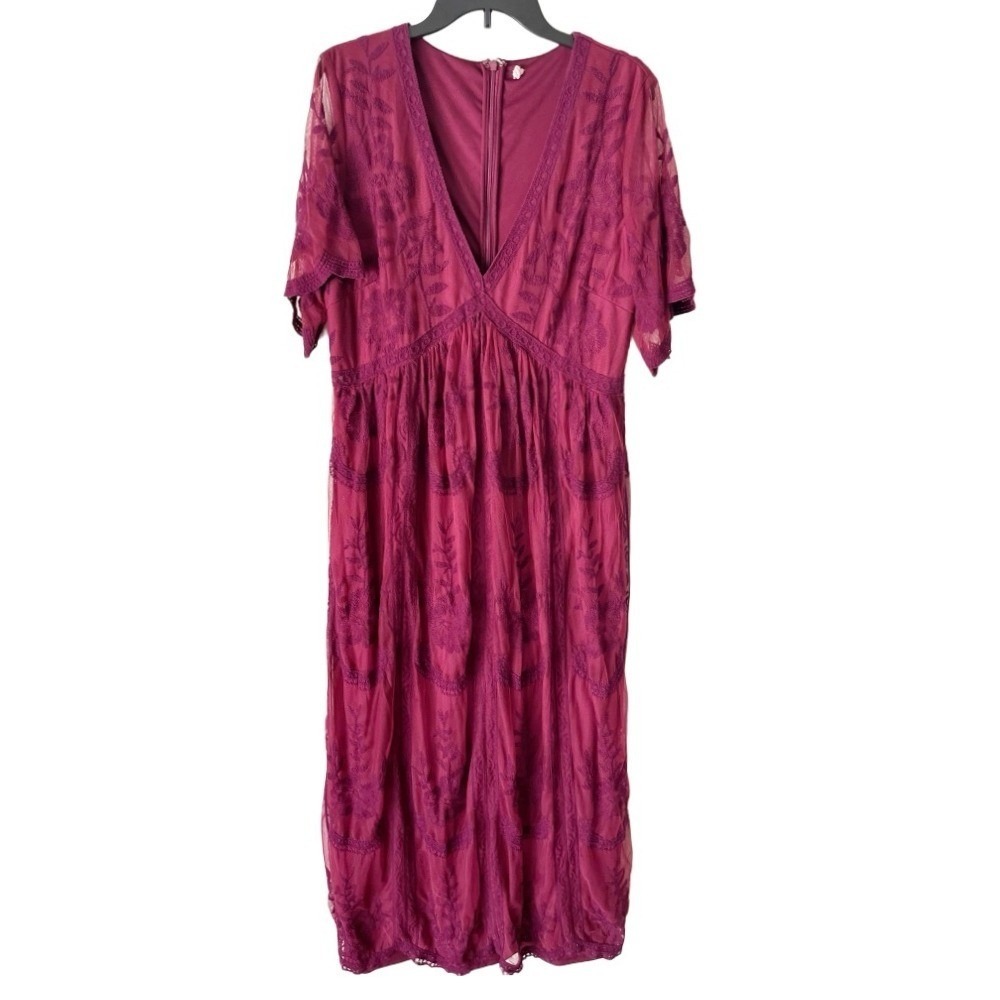 PinkBlush Maroon Mesh Lace Embroidery Plunging V Neck Maxi Dress Maternity 1X